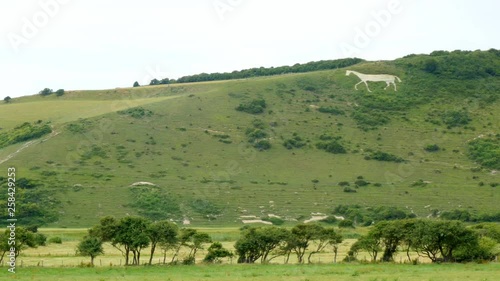 White Horse giant hill figure, High and Over, South Downs, East Sussex, England - camera pan
