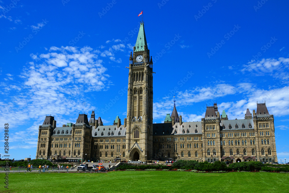 Centre Block of the Canadian Parliament buildings in Ottawa under blue skies, Canada