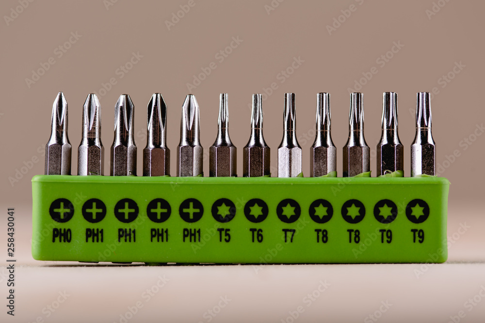 Close up macro shot of bits for screwdrivers Close up macro shot of bits for screwdrivers