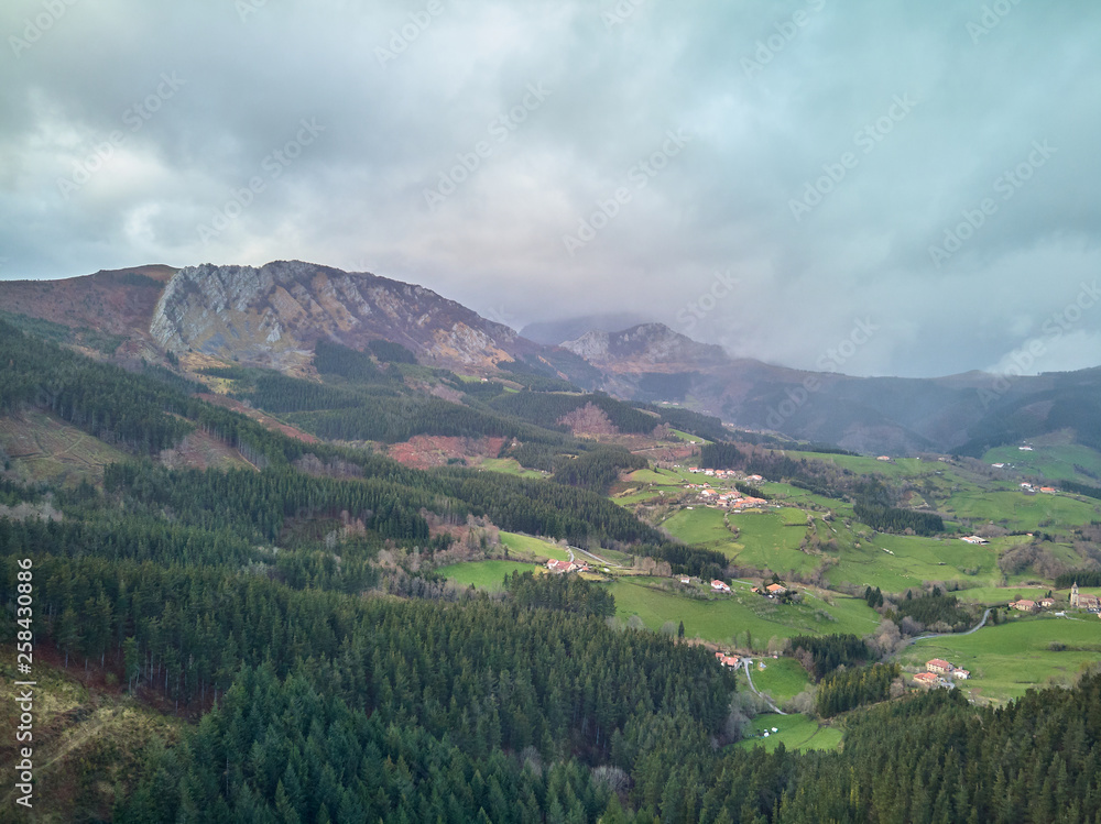 Aerial view landscape and rural village in Basque Country, Spain. The little Switzerland