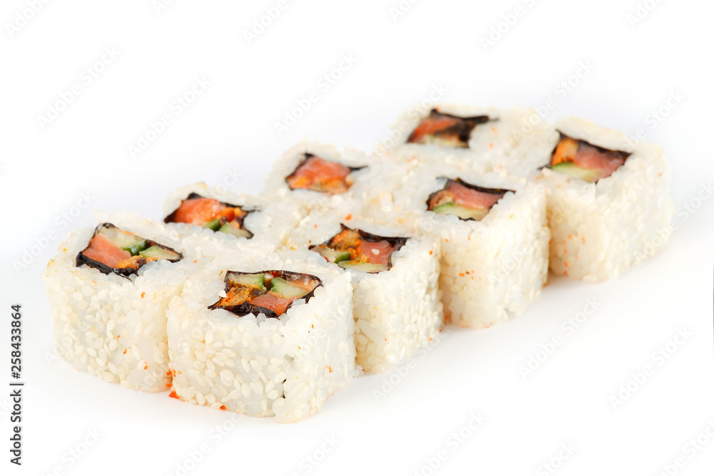 Sushi Roll - Maki Sushi made of Smoked Eel, Cream Cheese, Sesame, Salmon and Deep Fried Vegetables inside, isolated on white background