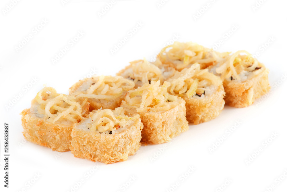 Sushi Roll - Maki Sushi made of Smoked Eel, Cream Cheese, Salmon, Avocado, and Onion Fries isolated on white background Sushi Roll - Maki Sushi made of Smoked Eel, Cream Cheese, Salmon, Avocado, and Onion Fries isolated on white background