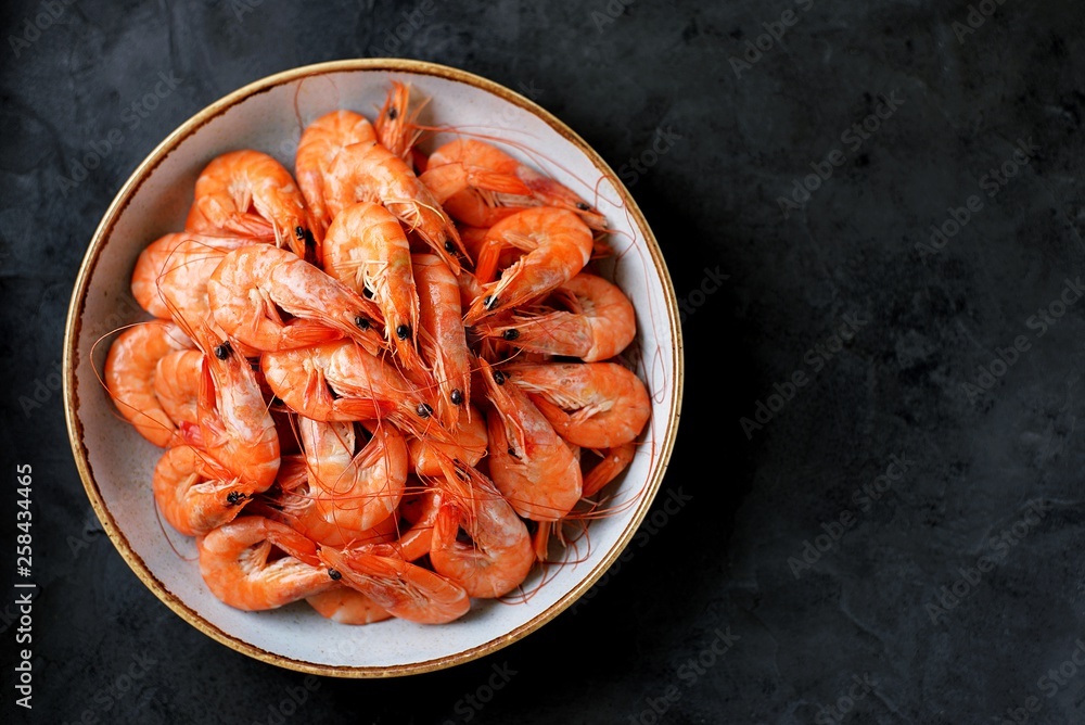 Boiled big sea prawns (shrimps). Healthy food. Top view. Copy space. Boiled big sea prawns (shrimps). Healthy food. Top view. Copy space.