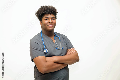 Portrait of an African American healthcare professional on white background with copy space