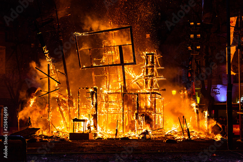 Valencia  Spain - March 19  2019  End of the Valencian festivities of Fallas  Monument faller consumed in the fire in high flares.
