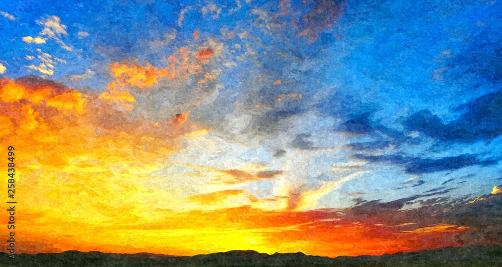 Beautiful sunset in landscape in nature with warm sky, digital art oil painting from a photograph.