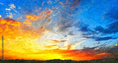 Beautiful sunset in landscape in nature with warm sky, digital art oil painting from a photograph.