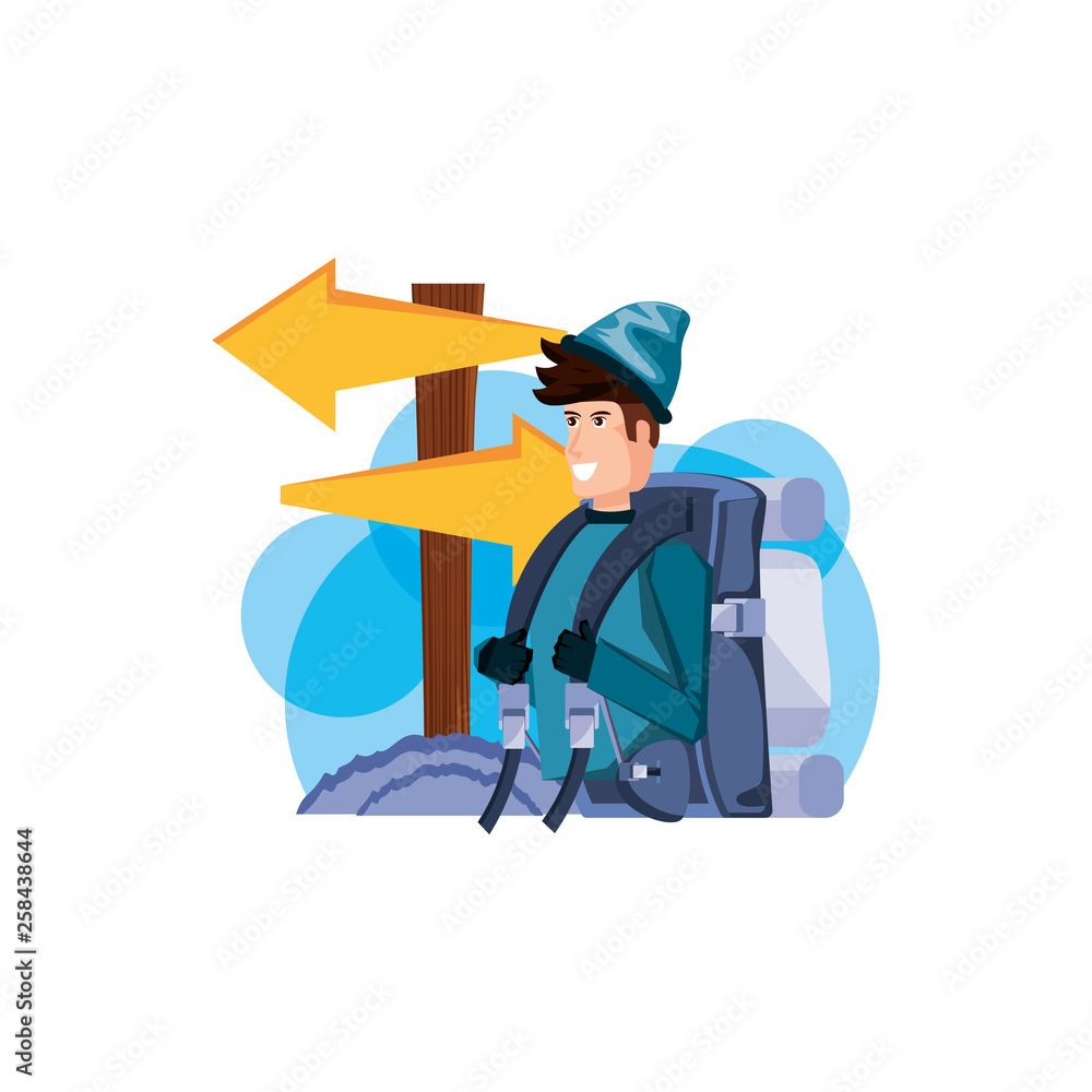 traveler man with travel bag and wooden arrow signal