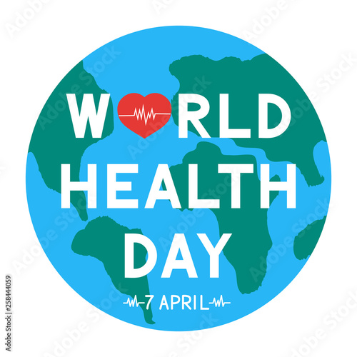 World Health Day lettering with red heart and heartbeat on globe. Medicine and healthcare typography poster. Vector illustration. Easy to edit template for greeting card, banner, sign, flyer, etc. © Vera