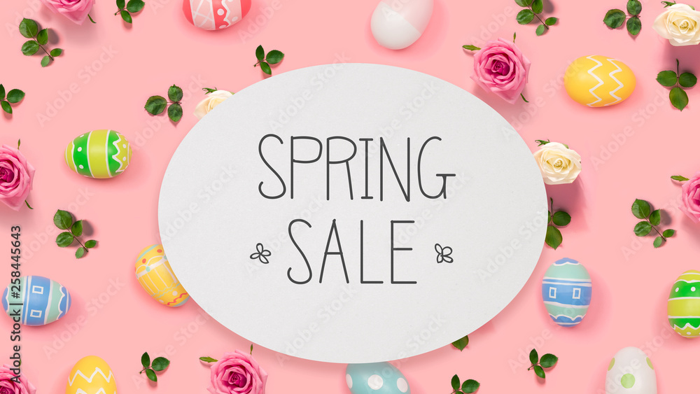 Spring sale message with Easter eggs on a pink background Spring sale message with Easter eggs on a pink background