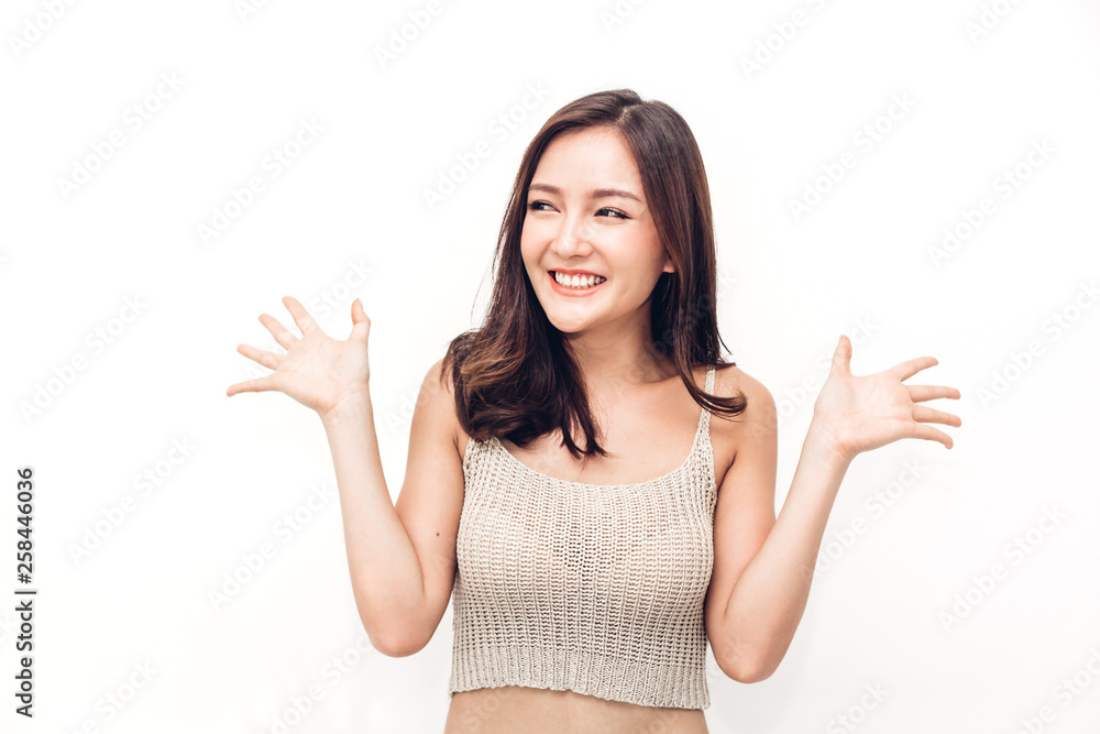 Portrait of happy smile asia woman enjoy and relax on white background.asian beauty Portrait of happy smile asia woman enjoy and relax on white background.asian beauty