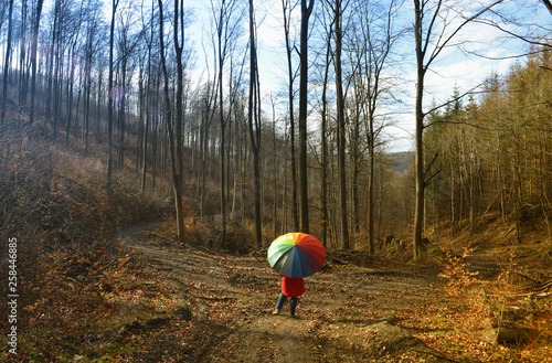 Woman hiking in the woods with a colorful umbrella