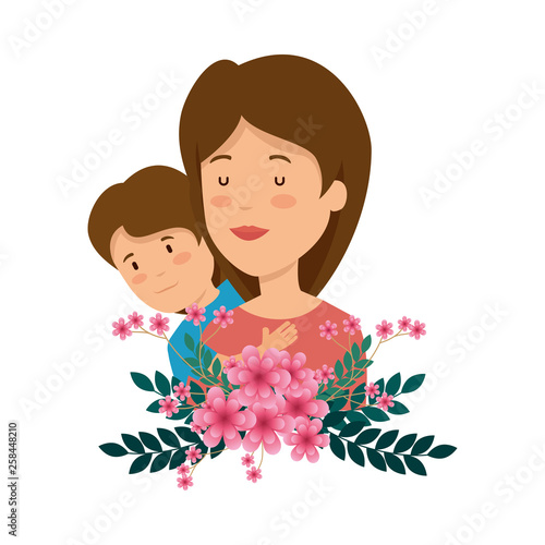 beautiful mother lifting son with floral decoration
