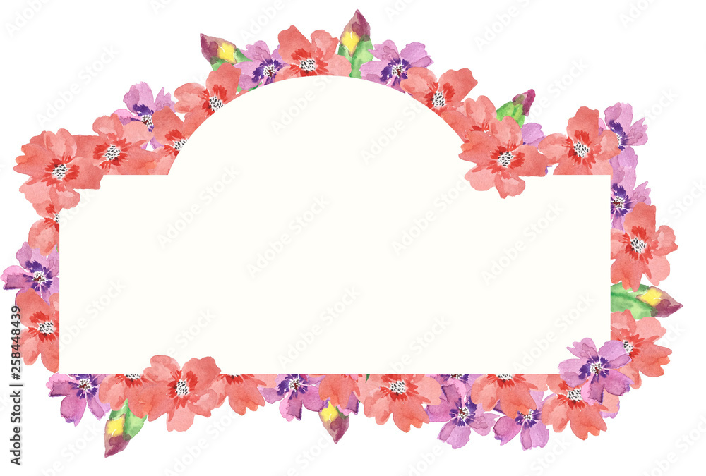 flower frame with pink and purple flower and green leaves. hand drawing illustration, for design and decor