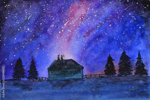 Wallpaper Mural night starry sky, people on the roof and trees. watercolor illustration for cards, posters, sites and stands. Torontodigital.ca