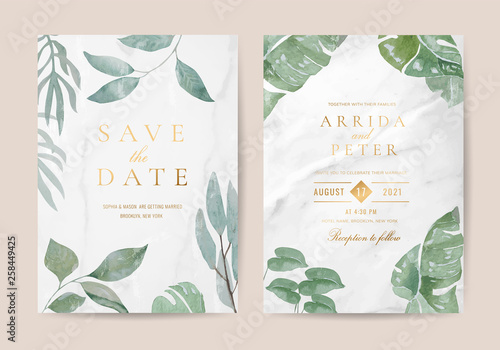 Wedding invitation cards with marble texture background,Gold geometric Shape line and Green Tropical Leaves design vector collection.