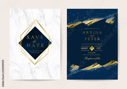 Wedding Invitation, Thank you card, rsvp, posters design collection. Trendy indigo blue and white Marble background texture - Vector