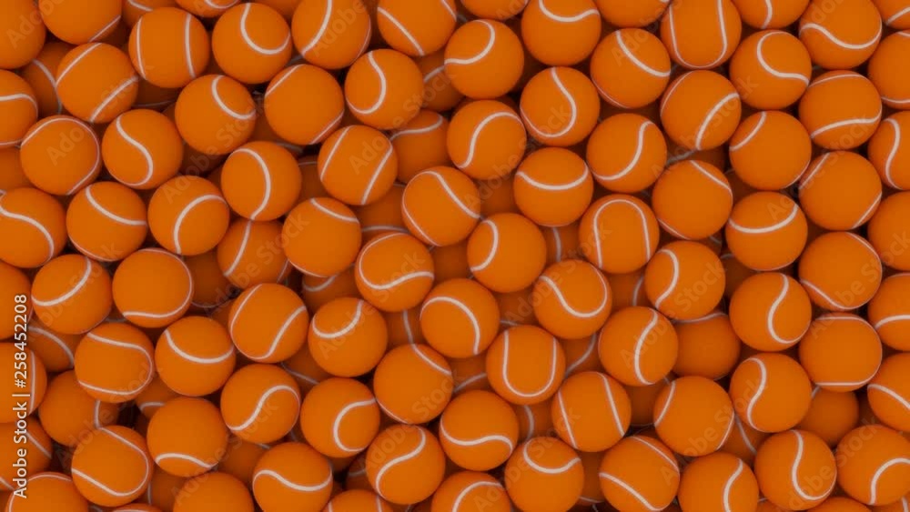 Animated bottom view and flying over pile of a lot of orange tennis balls lying in large container or as if moving on conveyor belt. Animated bottom view and flying over pile of a lot of orange tennis balls lying in large container or as if moving on conveyor belt.