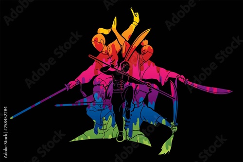 Kung Fu fighter with weapons, Martial arts action pose cartoon graphic vector.