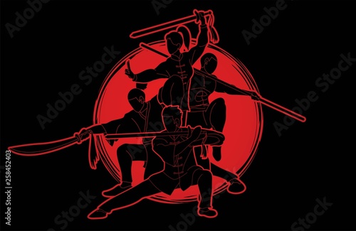 Group of People Kung Fu fighter, Martial arts with weapons action cartoon graphic vector.
