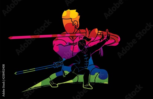 Man and woman Kung Fu fighter, Martial arts with weapons action cartoon graphic vector.