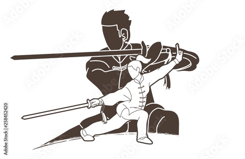 Man and woman Kung Fu fighter, Martial arts with weapons action cartoon graphic vector.