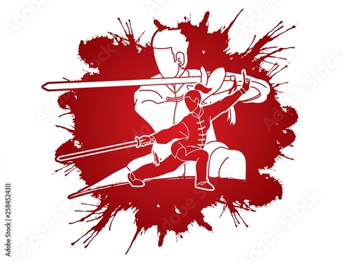 Man and woman Kung Fu fighter, Martial arts with weapons action cartoon graphic vector.
