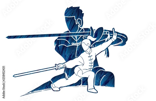 Man and woman Kung Fu fighter, Martial arts with weapons action cartoon graphic vector.