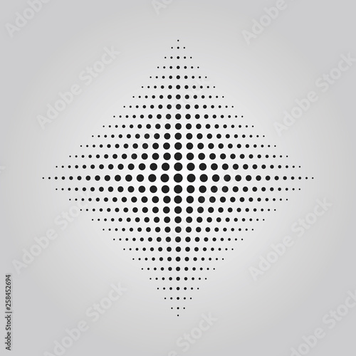 Abstract black dots halftone technique effect in shape of rhombus design element on gray gradient background photo