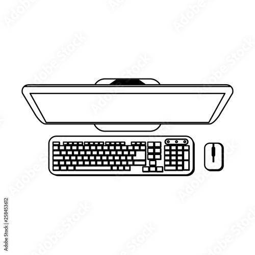 Computer with keyboard and mouse topview black and white