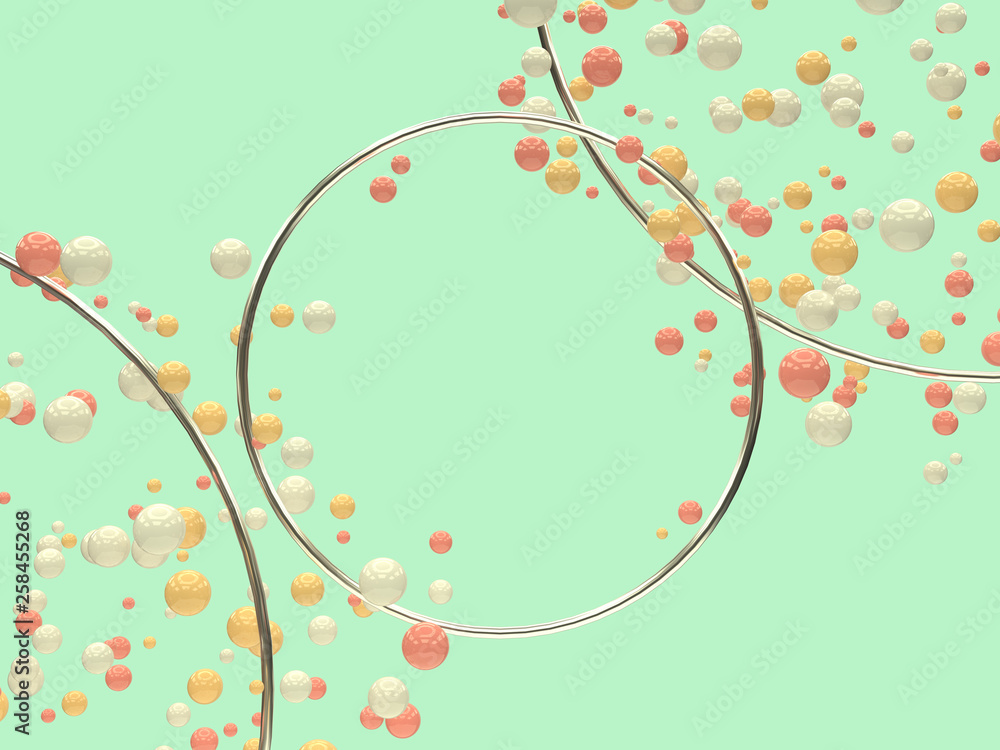 silver metallic geometric shape blank frame many pink white yellow ball/sphere levitation 3d rendering abstract background silver metallic geometric shape blank frame many pink white yellow ball/sphere levitation 3d rendering abstract background