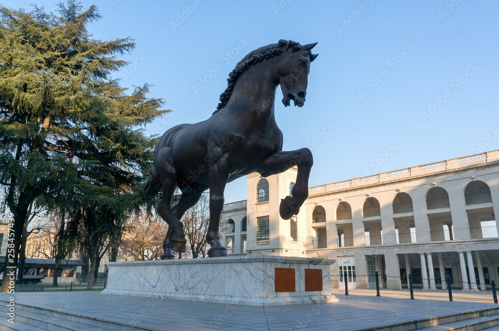 Sculpture of a horse by Leonardo Da Vinci at the old hippodrome in the San Ser region, in Milan, Italy.