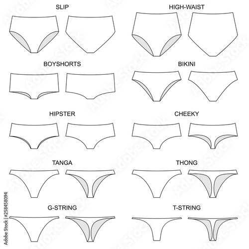 Types of women's panties. Front and behind view. Set of underwear - slip, high waist, string, thong, tanga, bikini, cheeky, hipster, boyshorts. Vector illustration