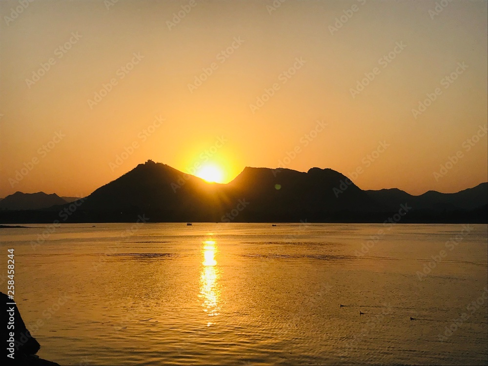 Sunset fathesagar lake Udaipur Rajasthan india