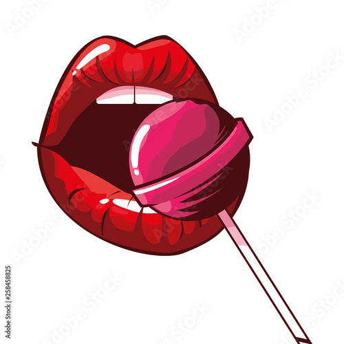 sexy female lips with lollipop pop art style