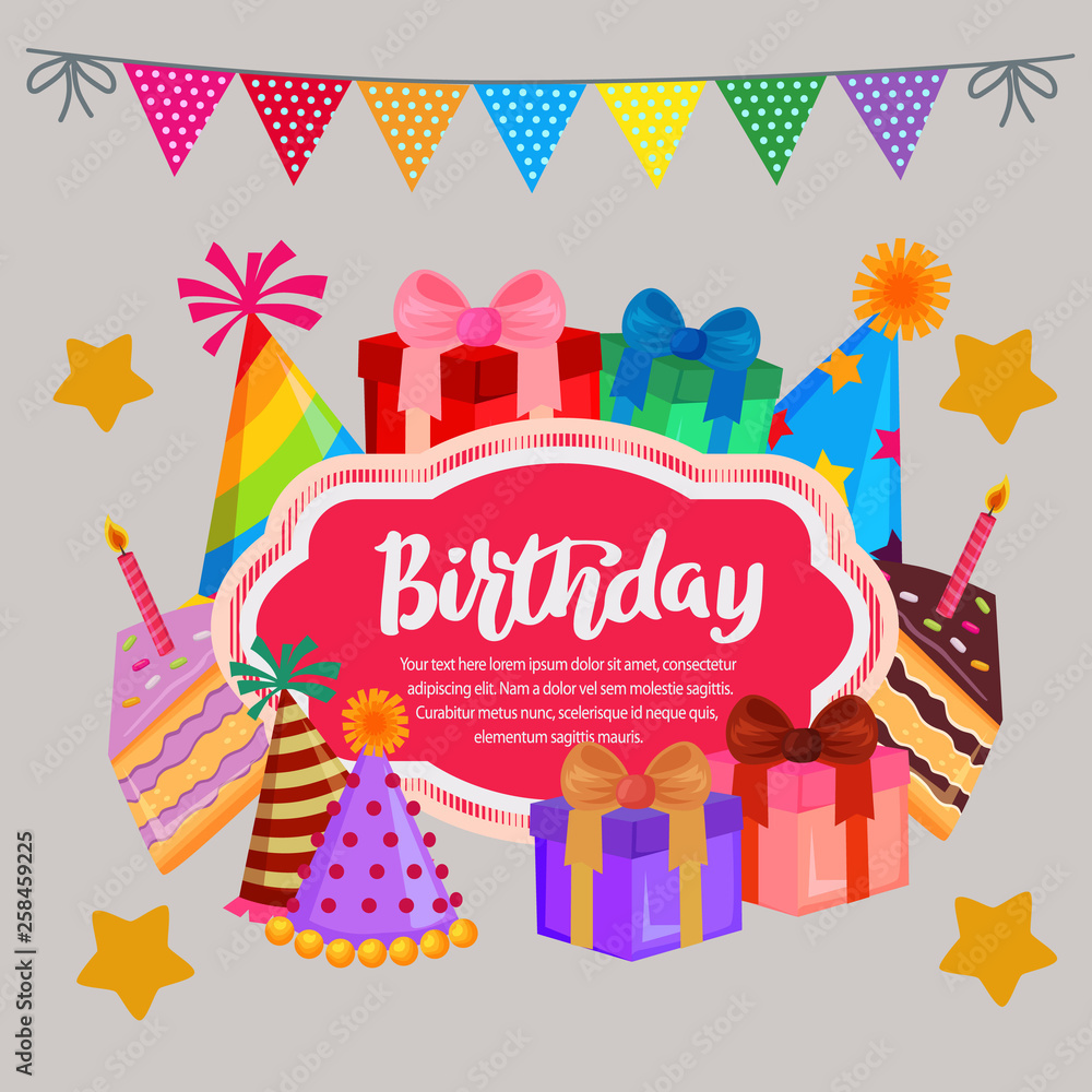 cute flat birthday card with party with gift party hat