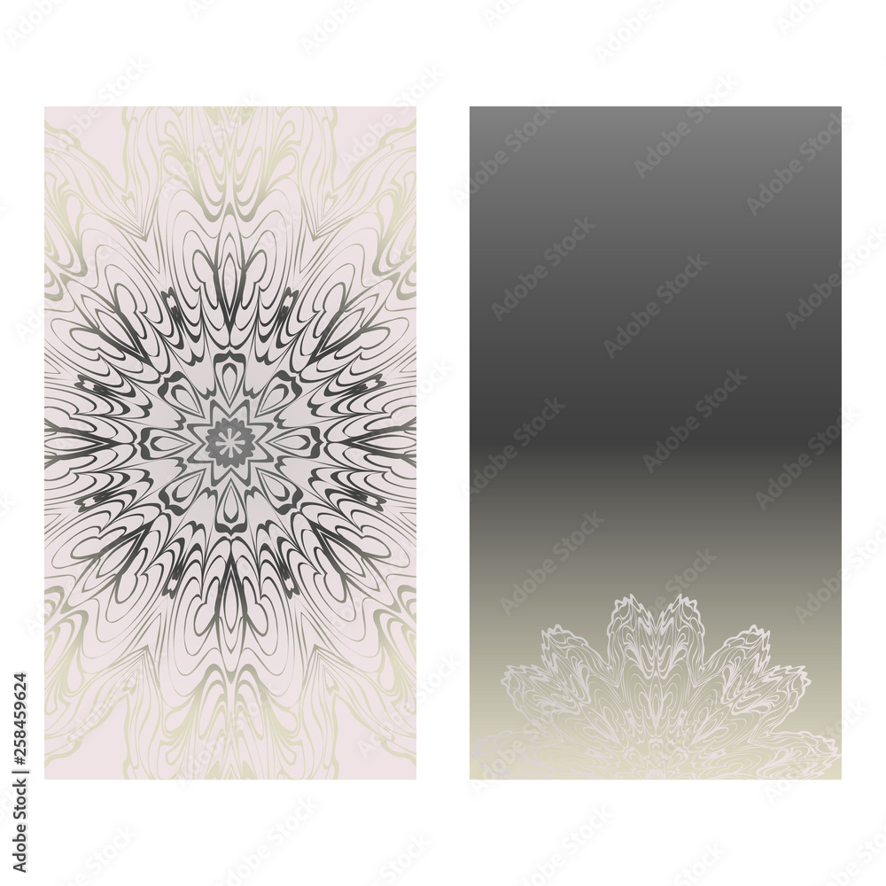Cards Or Invitations Set With Mandala Ornament. Vector Illustration. For Wedding, Bridal, Valentine's Day, Greeting Card Invitation. Grey color Cards Or Invitations Set With Mandala Ornament. Vector Illustration. For Wedding, Bridal, Valentine's Day, Greeting Card Invitation. Grey color