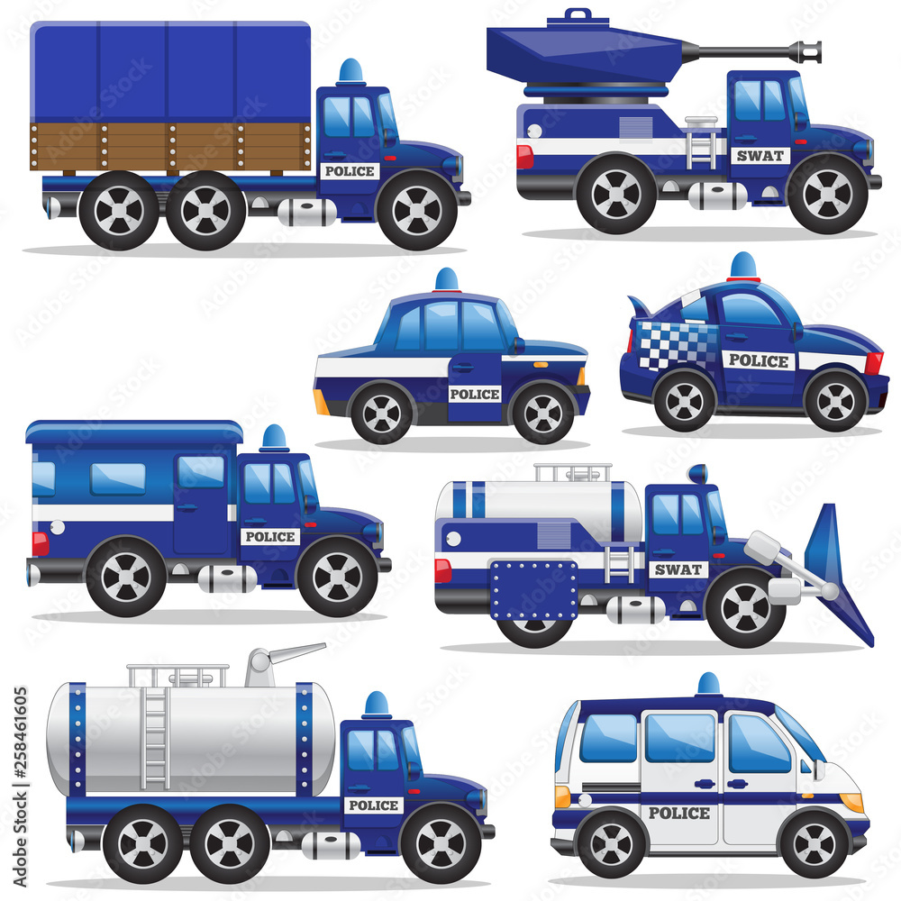 A set of police cars. Side view. Isolated on white background. Vector illustration. A set of police cars. Side view. Isolated on white background. Vector illustration.