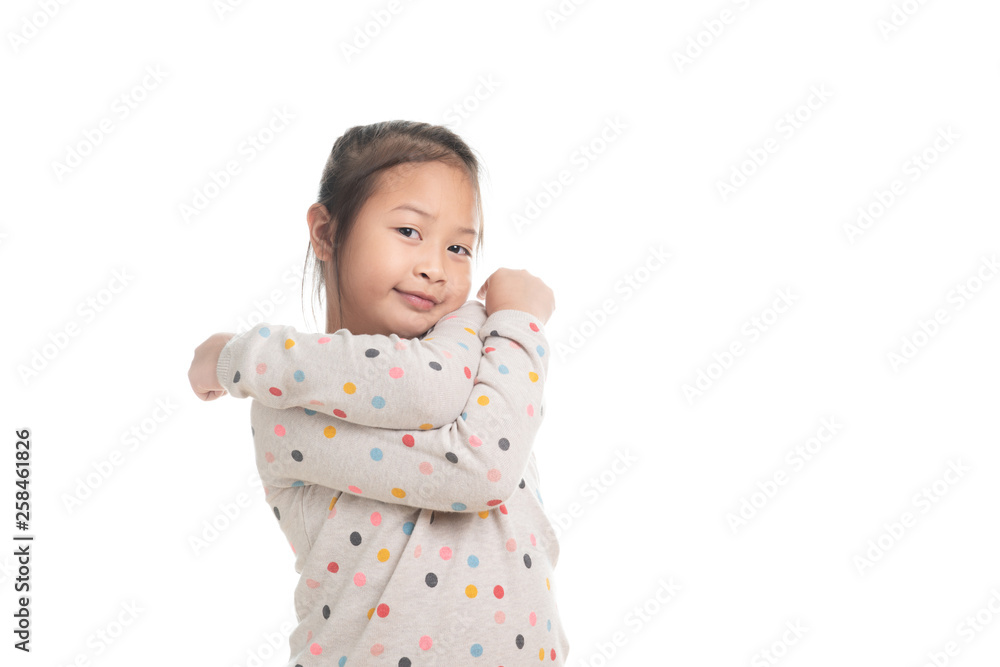 Cute kid southeast asian girl age 7 years in acting isolated on white Cute kid southeast asian girl age 7 years in acting isolated on white
