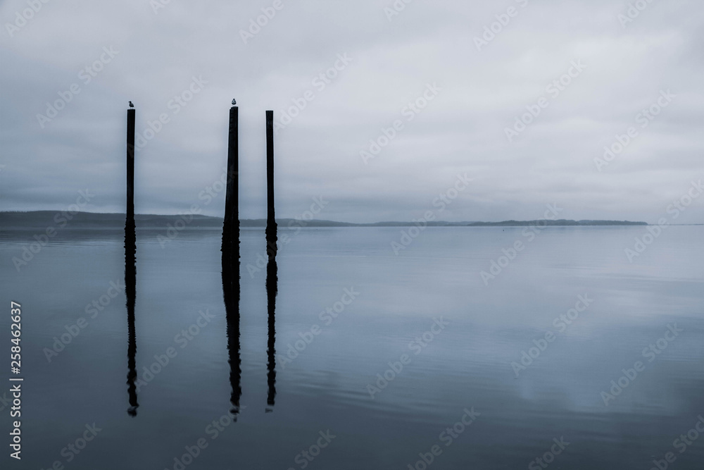 A gloomy image of the calm ocean with wood pilings standing free and reflecting in the water. A gloomy image of the calm ocean with wood pilings standing free and reflecting in the water.