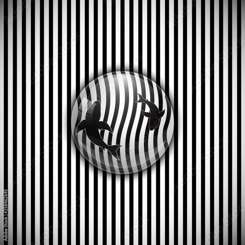 Sharks circling in a drop of water on a striped background