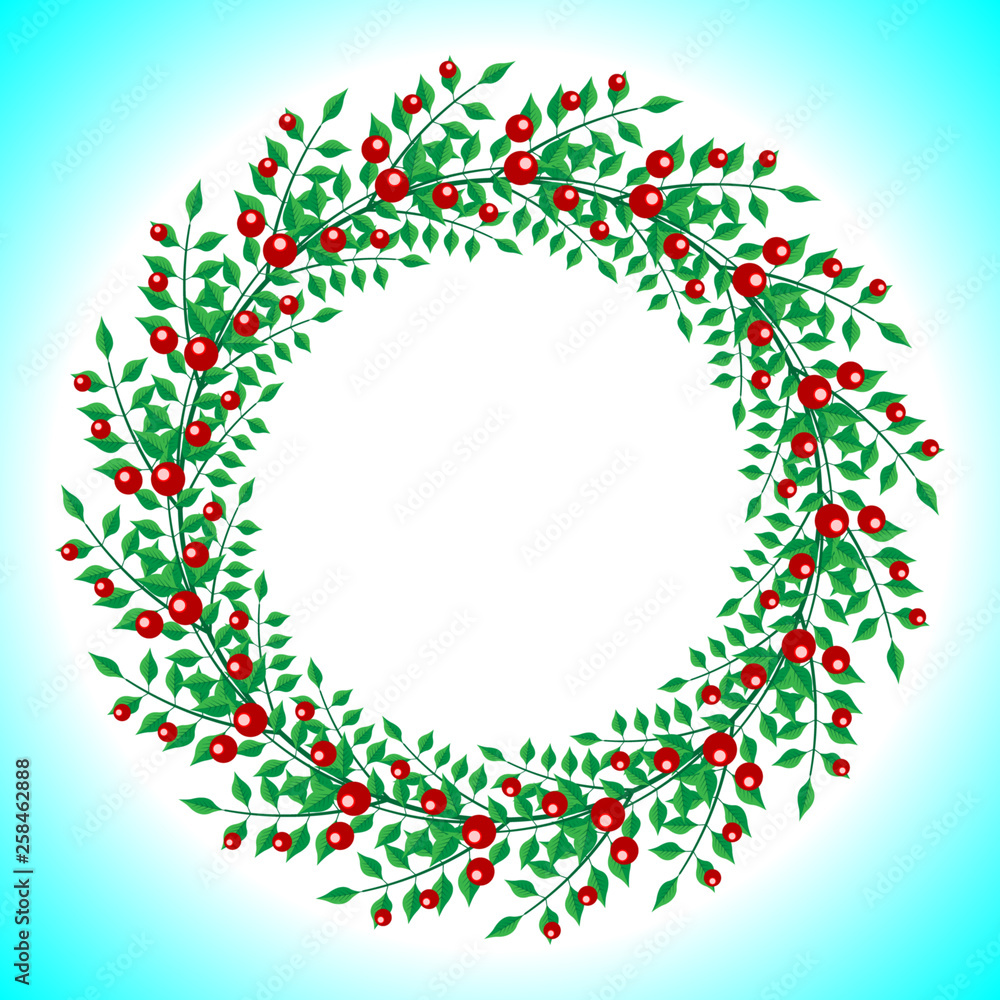 round wreath of red berries and green branches with leaves isolated on gradient background round wreath of red berries and green branches with leaves isolated on gradient background
