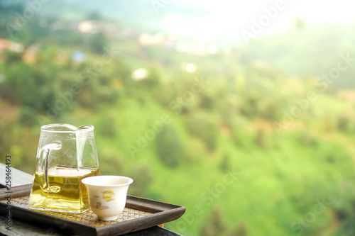 Chinese tea in glass tea pot and painted ceramic cup on wooden tray at black terrace in front of blurred mountain, green forest, white clouds and sky with copy space.