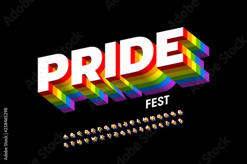 Rainbow flag colors font, colorful alphabet letters and numbers