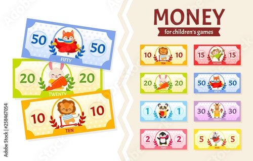 Vector set of paper money for children's games. Cute cartoon animals. Learning material for kids.