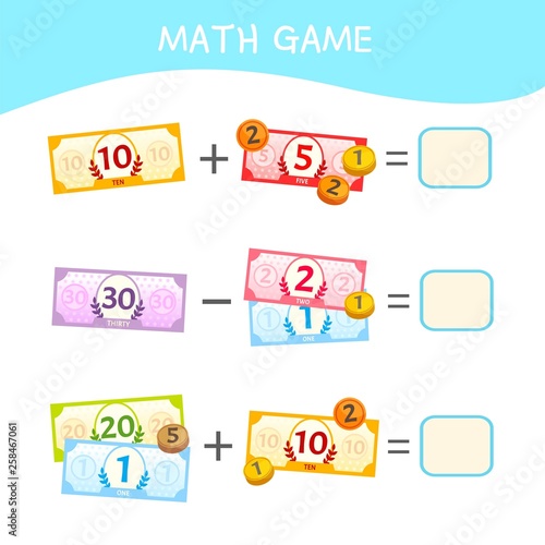 Counting educational children game, math kids activity sheet.  Count the money.