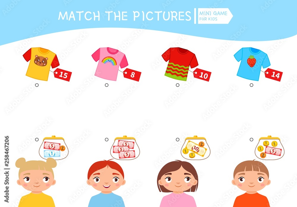 Matching children educational game. Count the money in the children's wallets and find a purchase. Vector illustration of cute children. Matching children educational game. Count the money in the children's wallets and find a purchase. Vector illustration of cute children.
