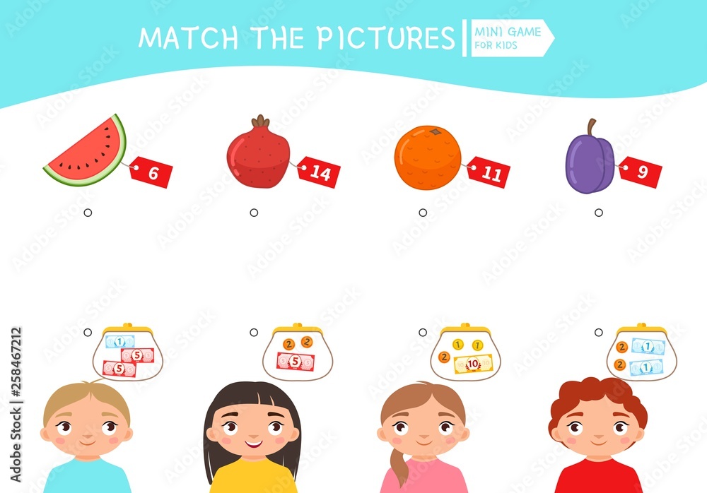 Matching children educational game. Count the money in the children's wallets and find a purchase. Vector illustration of cute children. Matching children educational game. Count the money in the children's wallets and find a purchase. Vector illustration of cute children.