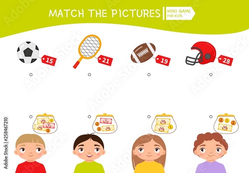 Matching children educational game. Count the money in the children's wallets and find a purchase. Vector illustration of cute children.