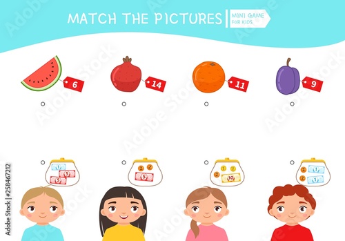Matching children educational game. Count the money in the children's wallets and find a purchase. Vector illustration of cute children.